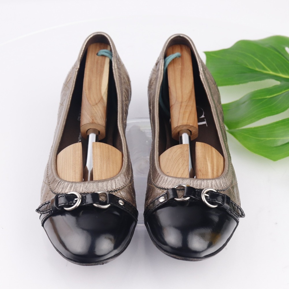 AGL Womens Ballet Flats Size 39 9 Quilted Bronze Gold Leather Black Cap Toe Shoe - Picture 3 of 14